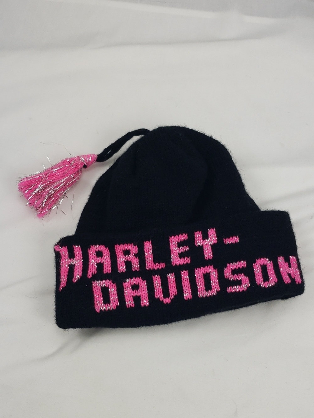 Harley-Davidson Black Hot Pink Beanie Hat Tassel